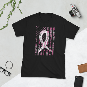 Breast Cancer Awareness Survivor Camo Pink Flag White Ribbon T-Shirt S-3XL
