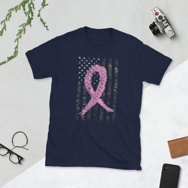 Breast Cancer Awareness Survivor Camouflage Flag Pink Ribbon T-Shirt S-3XL
