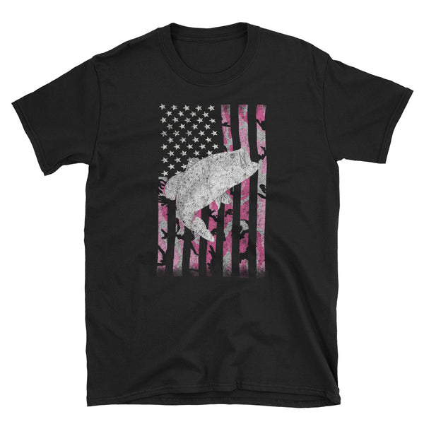 Bass Fishing Pink Camouflage Flag Big Mouth T-Shirt S-3XL