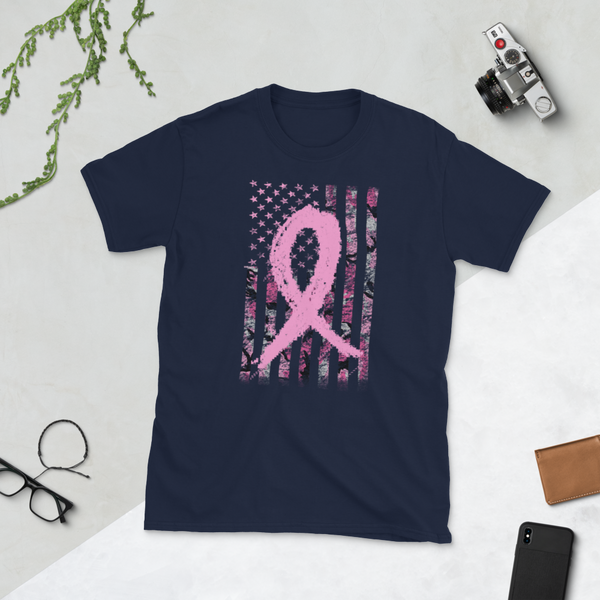 Breast Cancer Awareness Survivor Pink Camouflage Flag Ribbon T-Shirt S-3XL